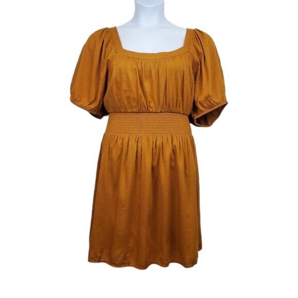 Old Navy Womens Golden Brown Short Puff Sleeve Smocked Waist Dress Size XL NWT - Picture 1 of 6